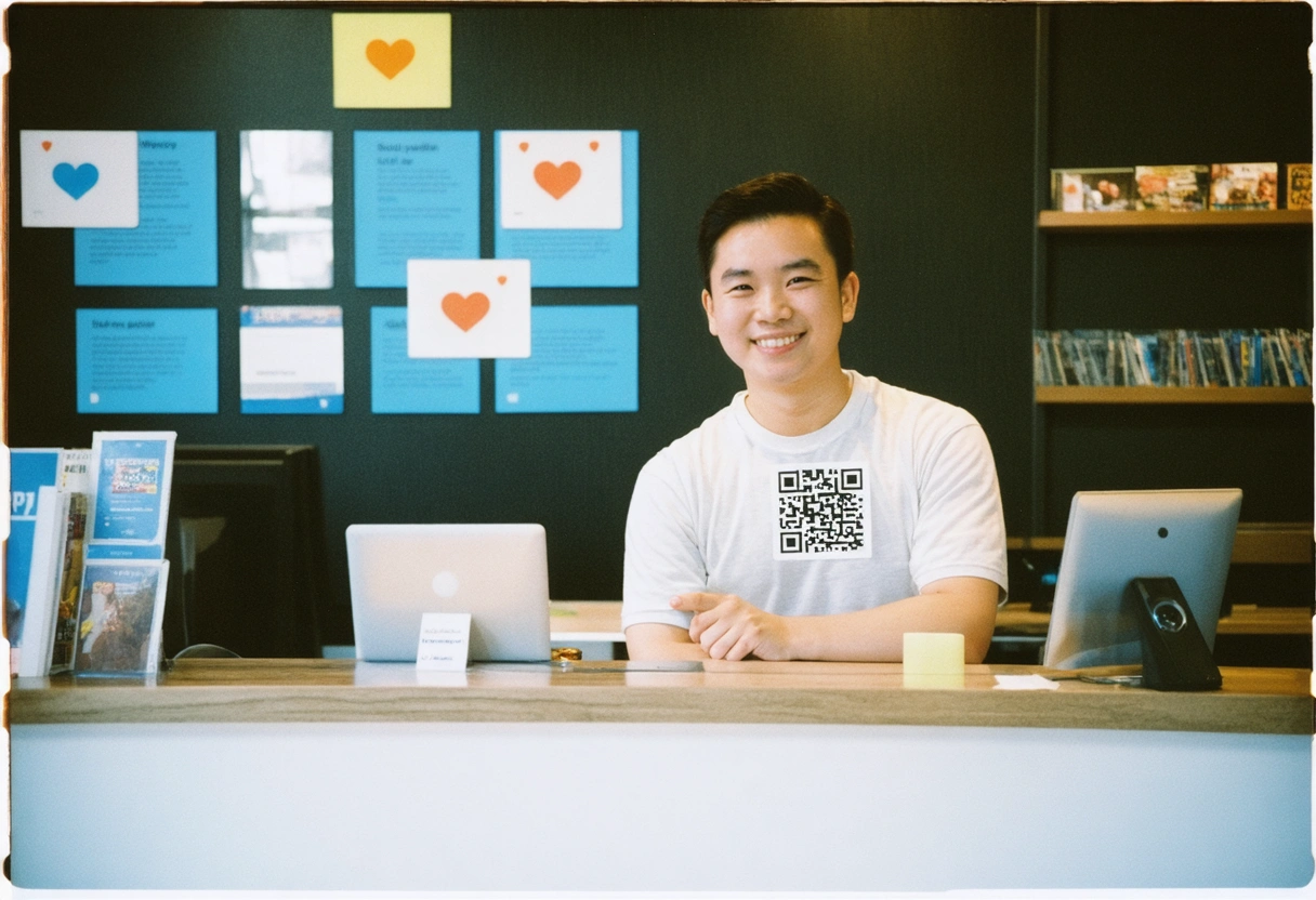 Business owner giving QR code to customer with positive review icons and digital feedback notifications