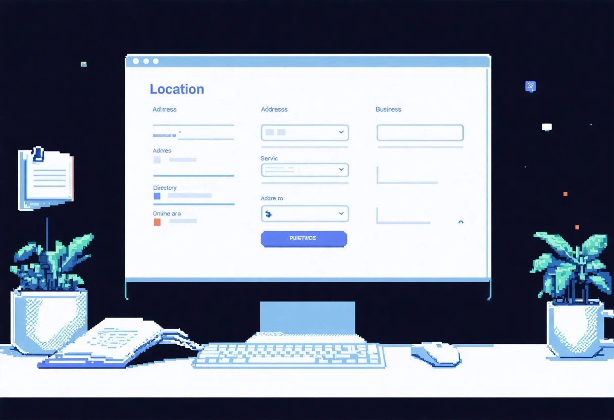 Desktop screen showing business profile form with location pin, map, and accuracy icons
