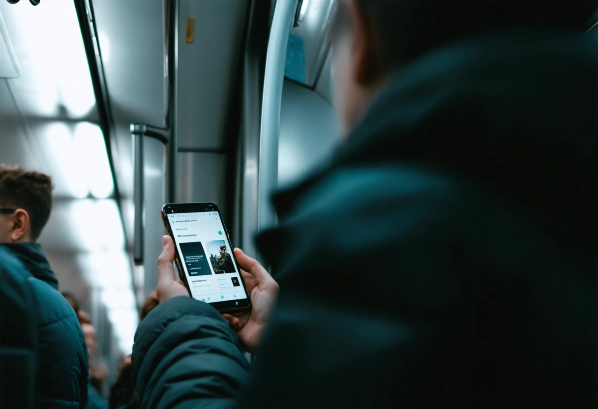 Commuter on a train browsing a minimal, well-organized mobile website with highlighted information