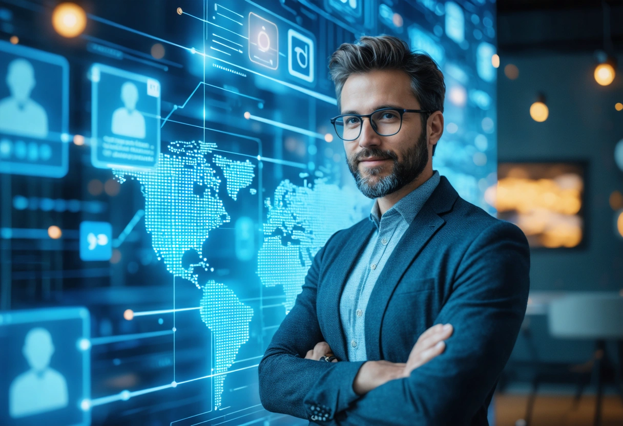 Business owner in front of digital wall with reputation tools, real-time alerts, and positive interactions