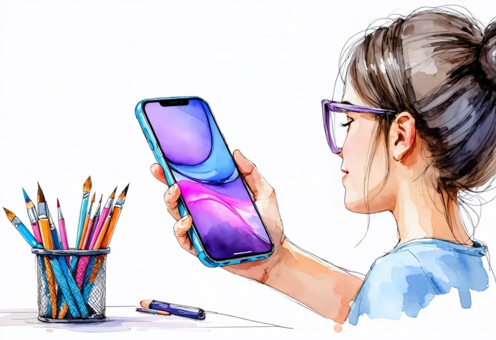 Designer reviews responsive website on smartphone and tablet in modern workspace, highlighting mobile-friendly design.