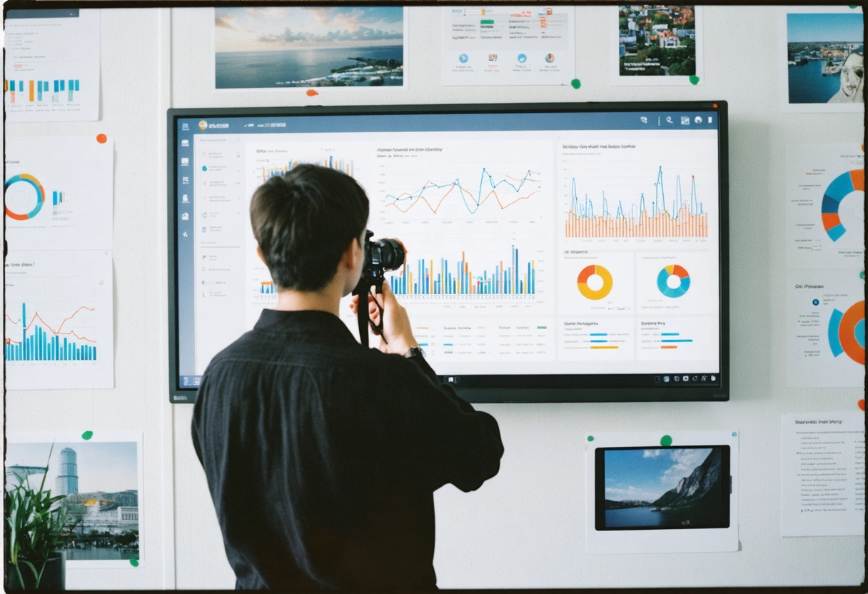 Digital analyst examining mobile usability metrics with data visualizations and website mockups on a monitor
