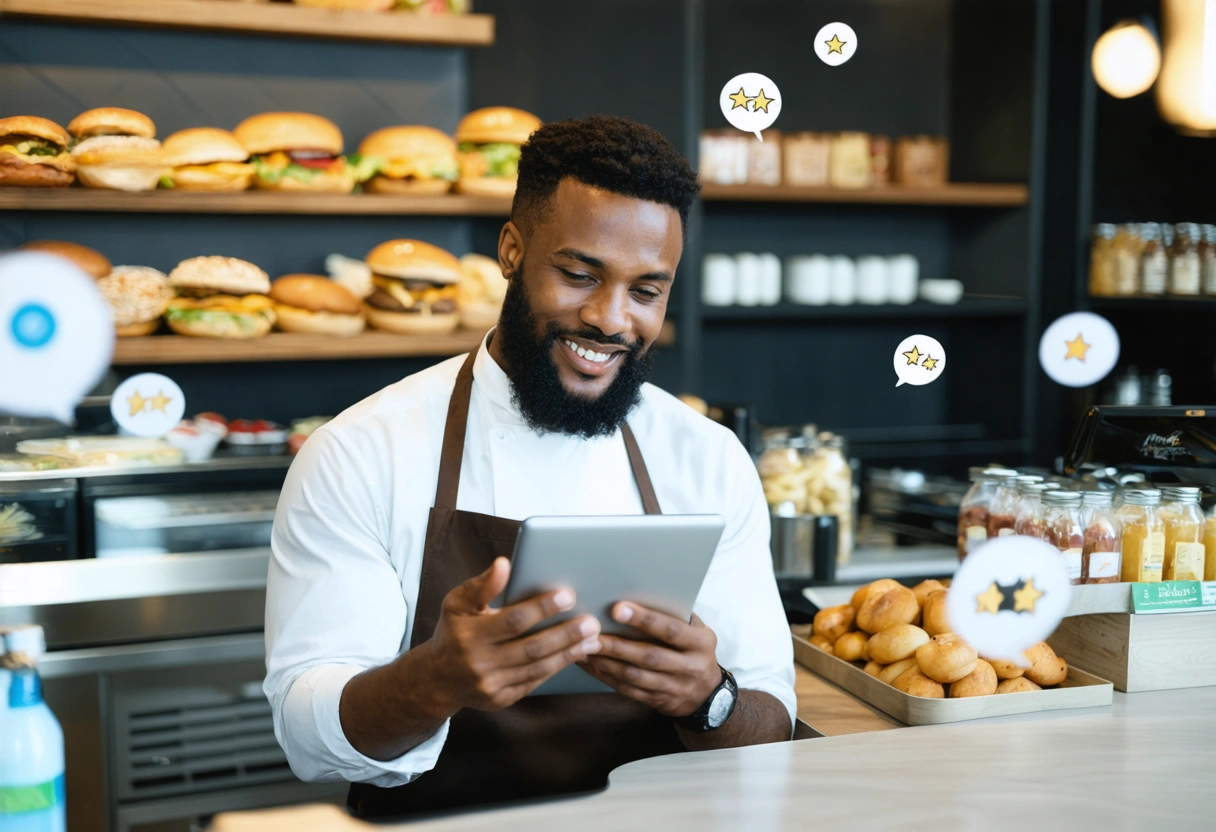 Manager at counter replying to customer reviews on tablet with positive and concerned review bubbles