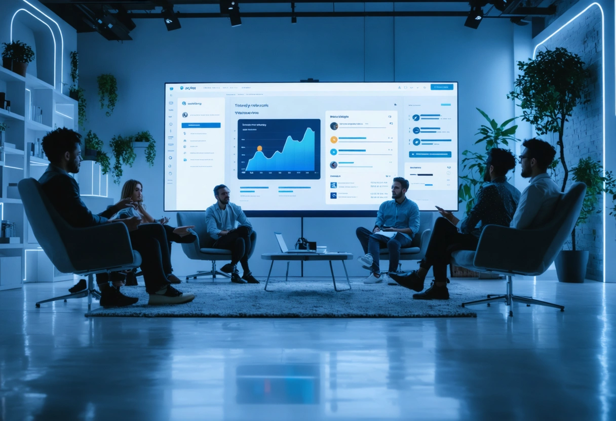Diverse team collaborating in a modern office around a large display showing a responsive website