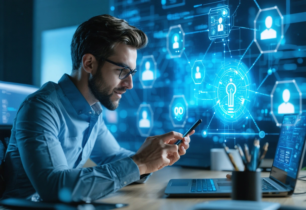 Business leader using voice commands in a futuristic office with digital local SEO network icons
