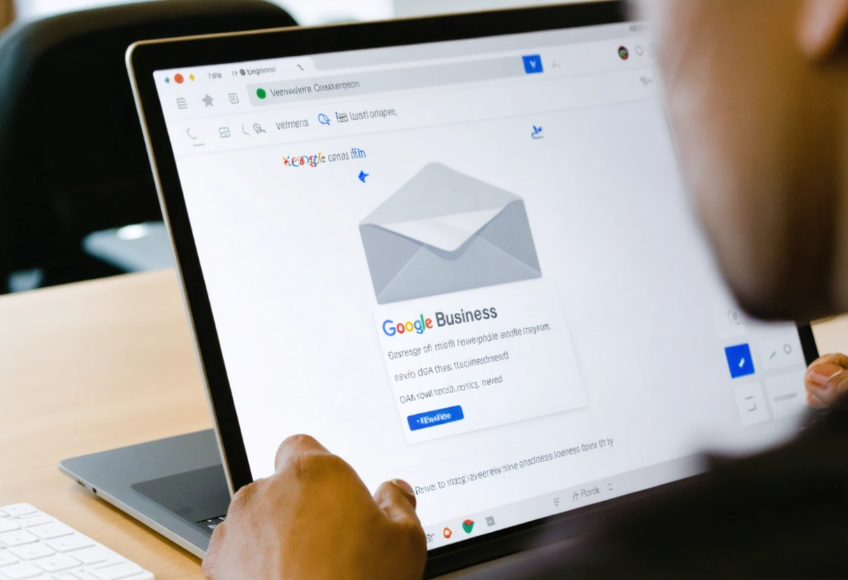 Marketer emailing Google Business Profile link on laptop in modern office, top-down view.