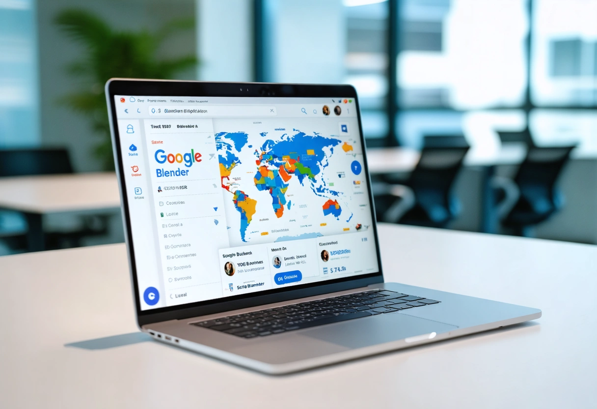 Marketer optimizing Google Business Profile for local SEO on laptop in modern office setting.