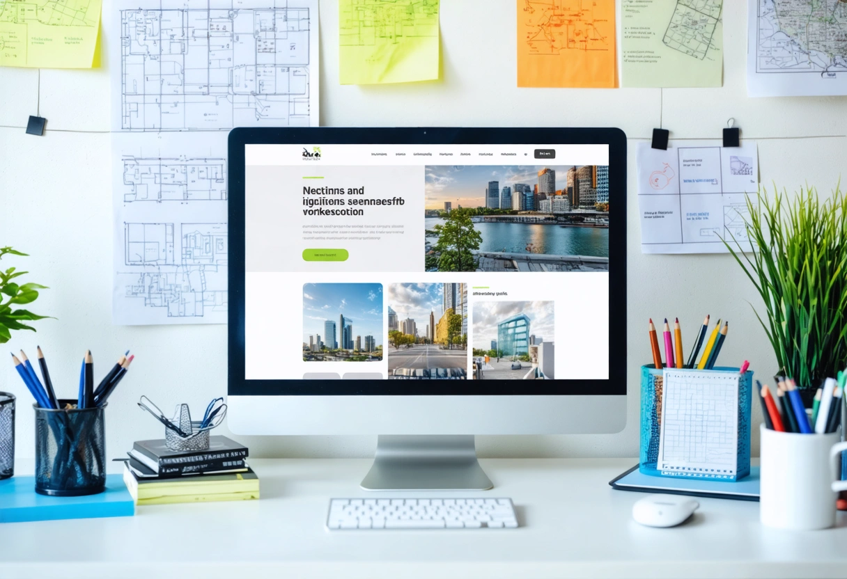 Modern office workspace with website on screen highlighting local service areas and digital maps