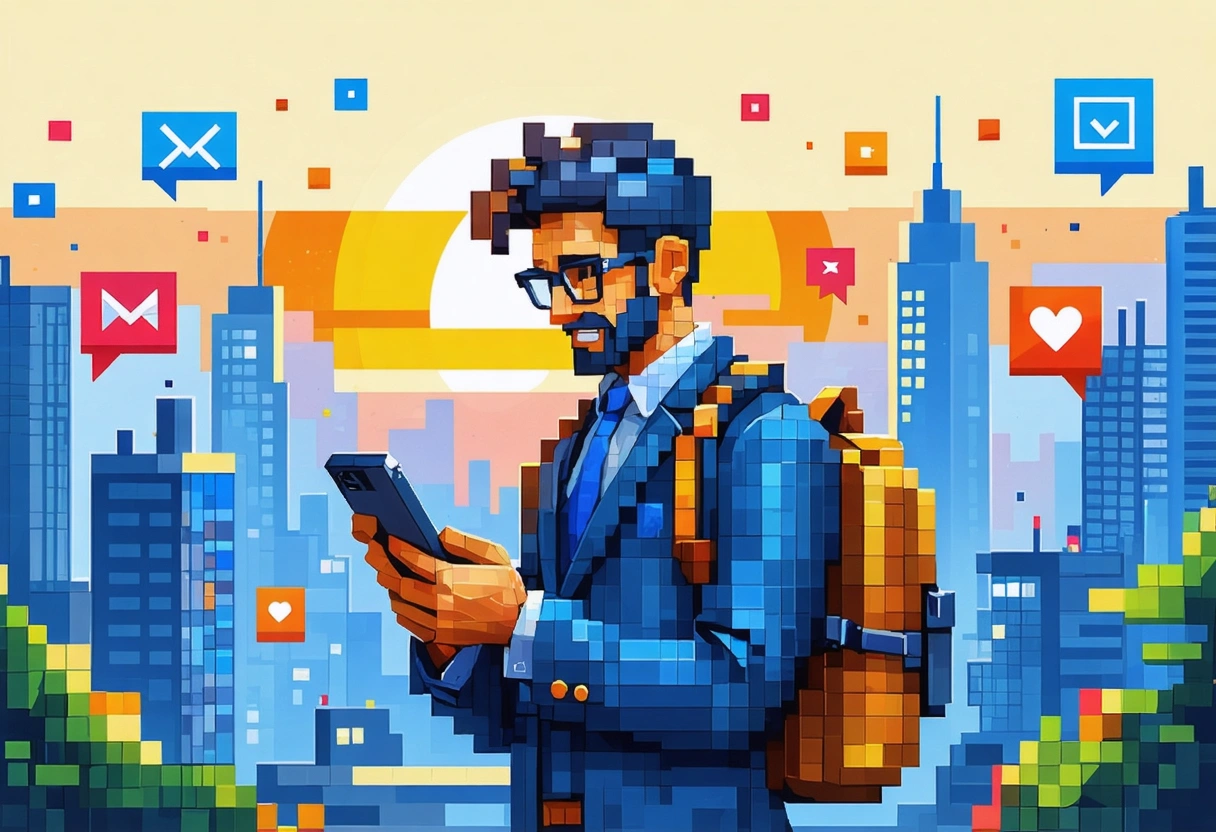 Business owner updating online profile on mobile with digital icons and sunrise cityscape symbolizing growth