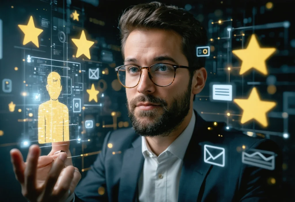 Business professional viewing digital profile with five-star reviews and reputation icons, symbolizing online reputation management.