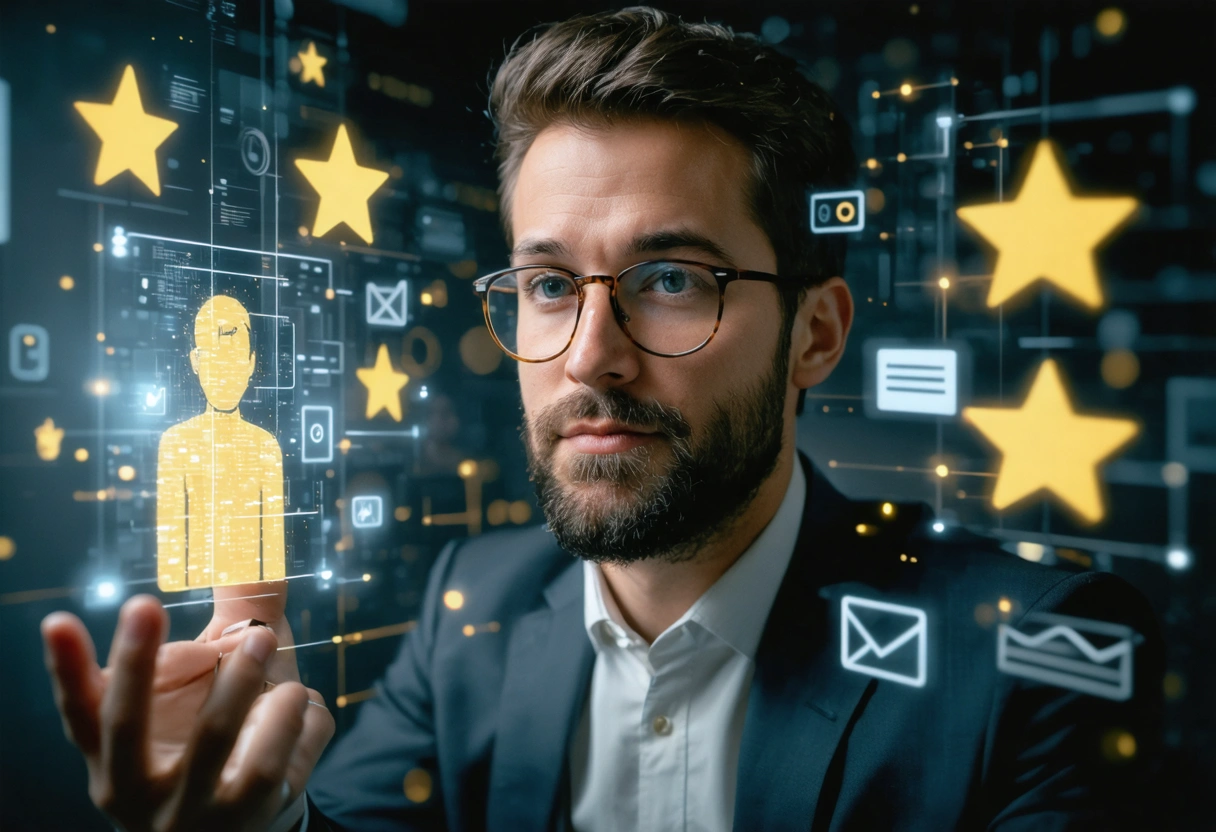 Business professional viewing digital profile with five-star reviews and reputation icons, symbolizing online reputation management.