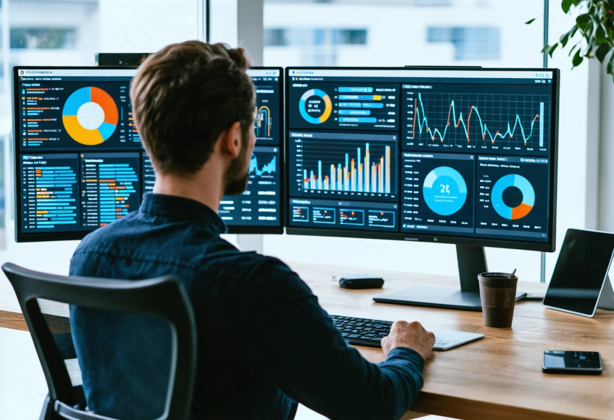 Professional reviewing Google Analytics, Search Console, and Business Profile data on dual monitors
