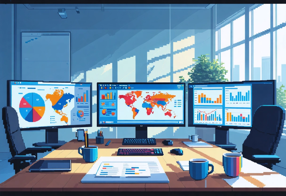 Digital marketing team analyzing data charts in modern office with natural daylight and focused expressions.
