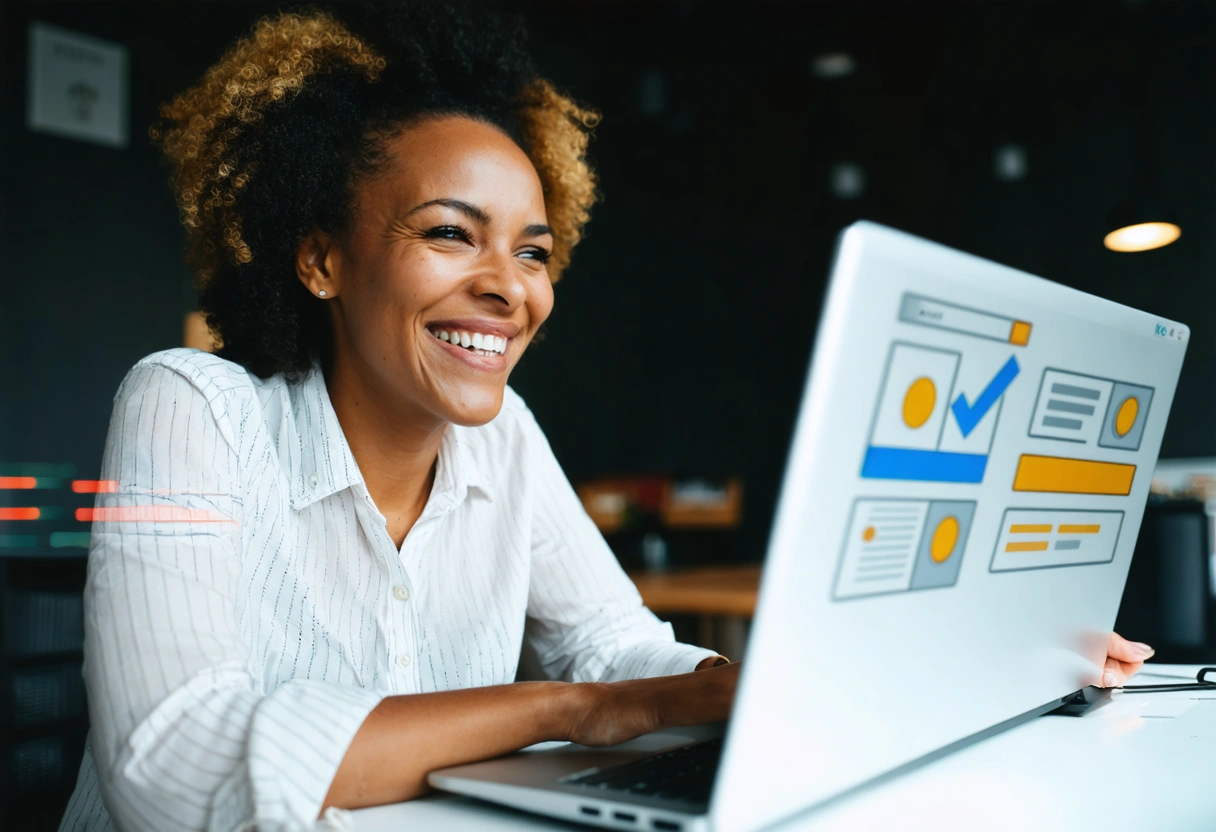 Smiling business owner at laptop with verification checkmark and accessible profile features in background