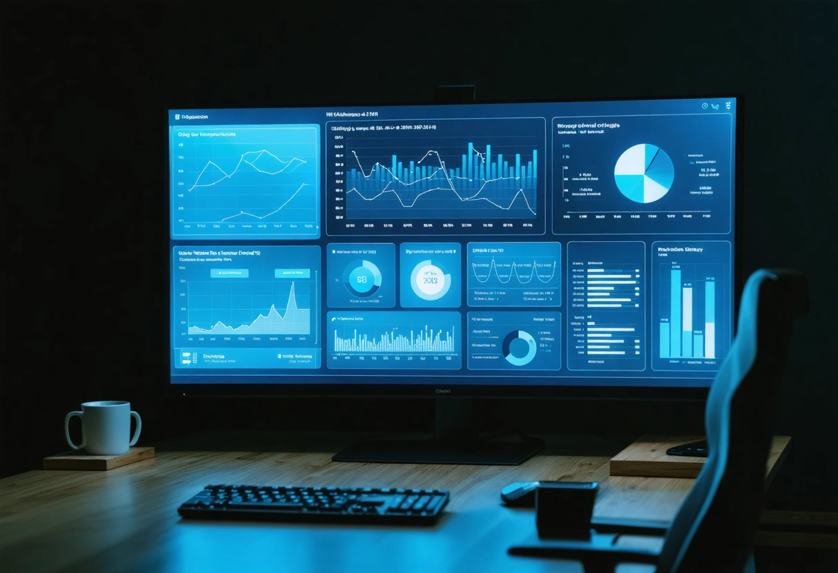 Large monitor displaying analytics dashboard with reputation scores and growth charts in a high-tech office