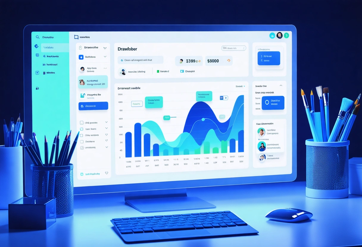 SaaS dashboard on laptop with professionals brainstorming, surrounded by charts in a modern office