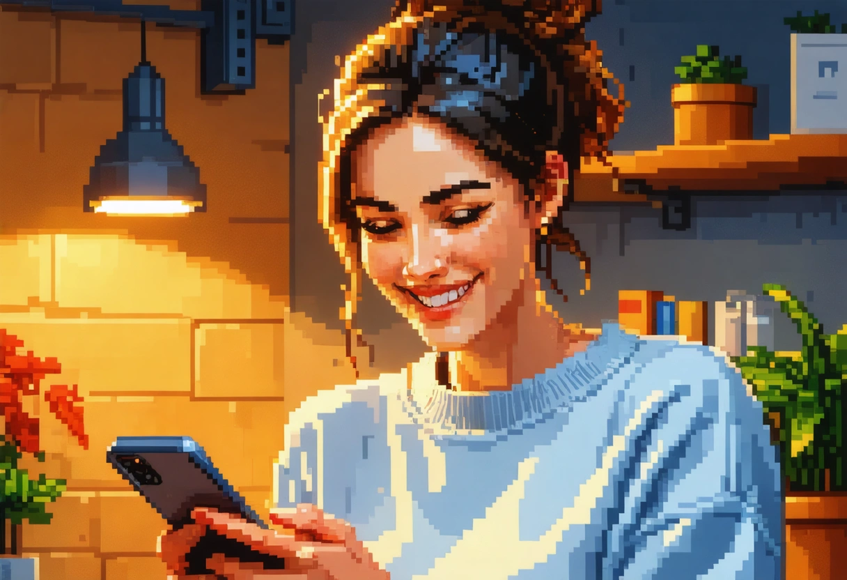 Customer happily completing an online purchase on a phone with a simple checkout process