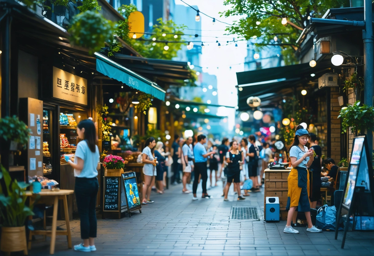Modern city street with diverse small businesses, people using smartphones for local searches, 2025.