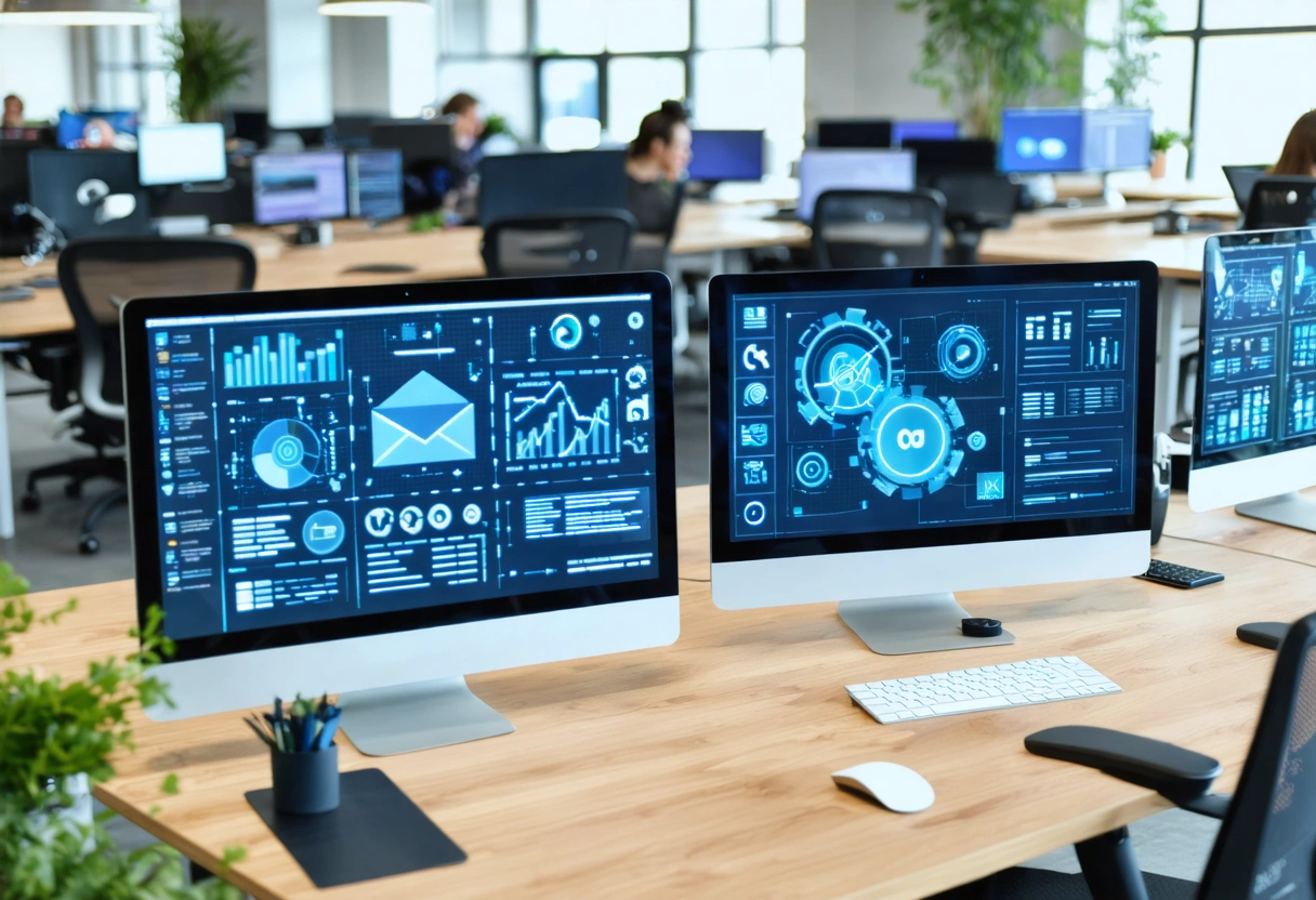Digital marketers collaborating in a vibrant workspace with campaign elements and data overlays visible