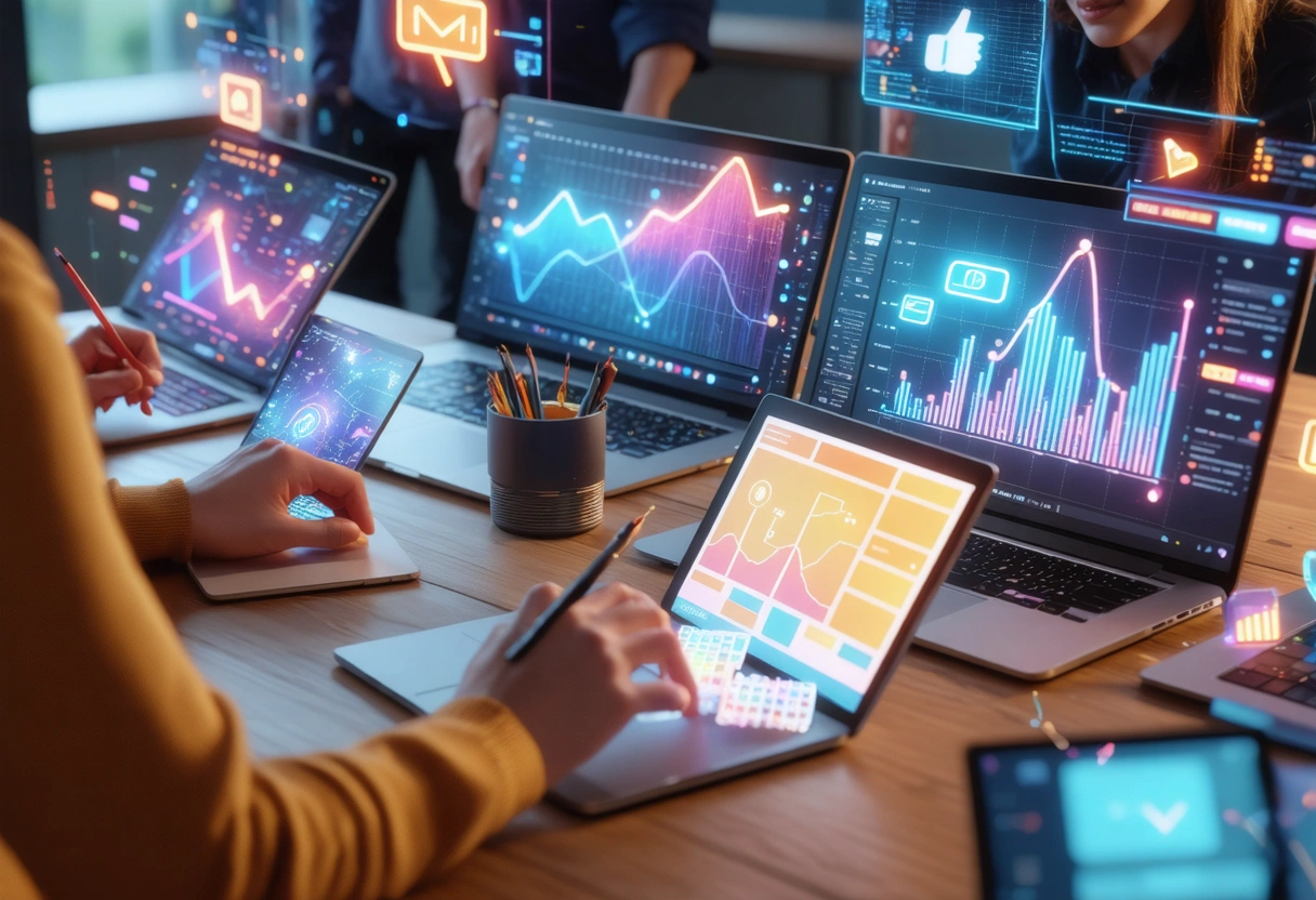 Team publishing positive content on laptops, surrounded by digital engagement icons and growth graphs