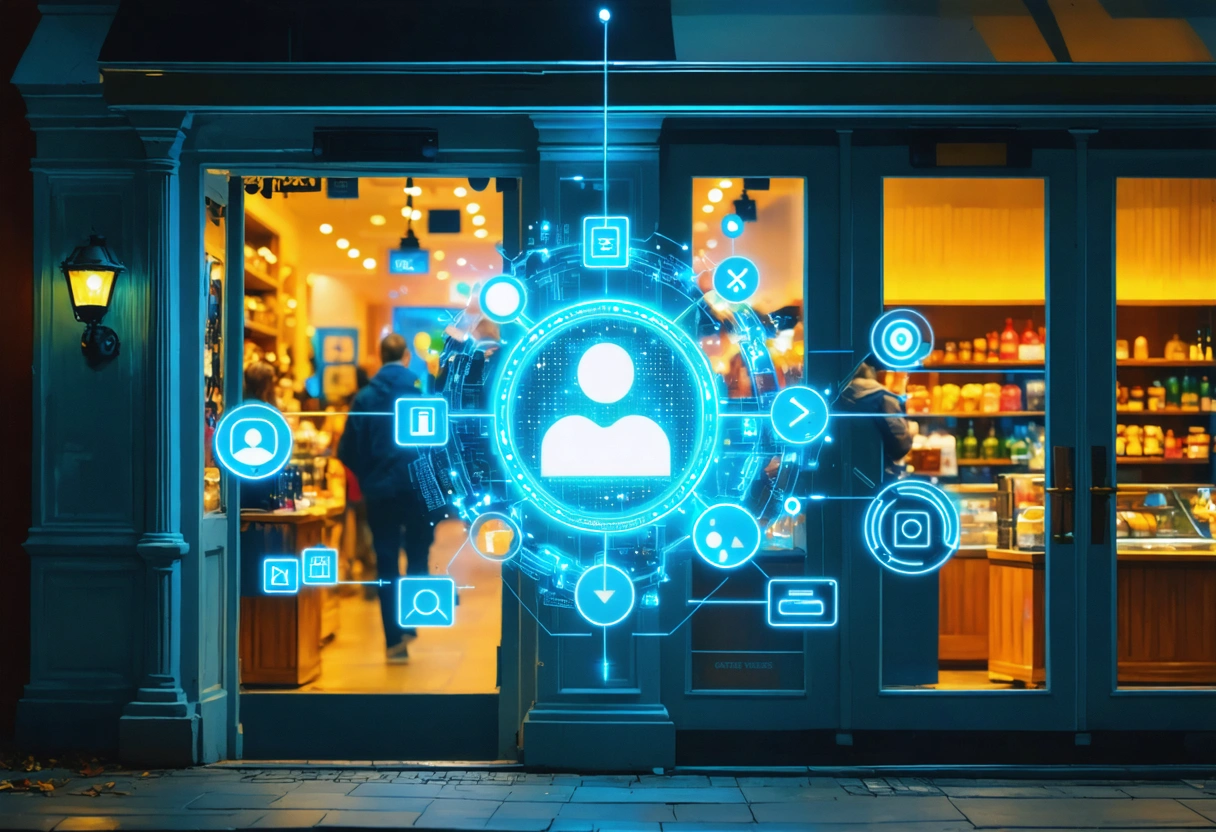 Local business storefront with Google Business Profile badge and icons for clicks, calls, and reviews.