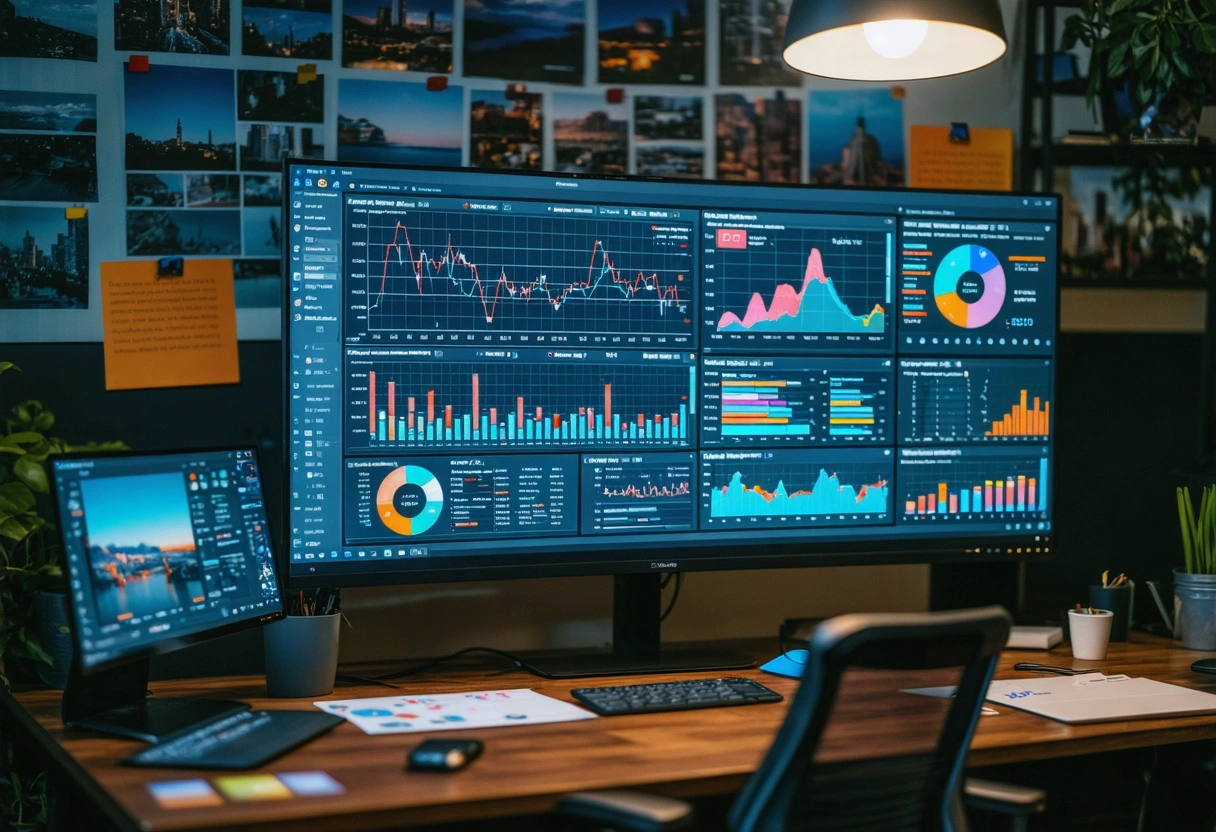 Marketing professional in office analyzing analytics charts and photos on large monitor, surrounded by data visuals