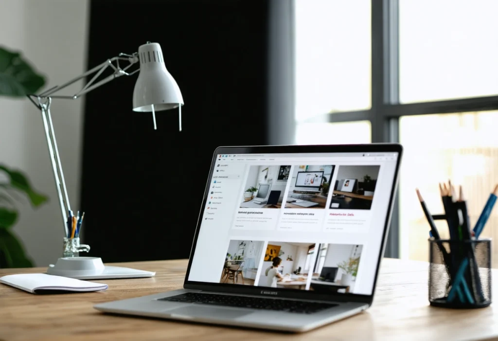 Business owner building WordPress website on laptop in bright, modern office, optimistic atmosphere.