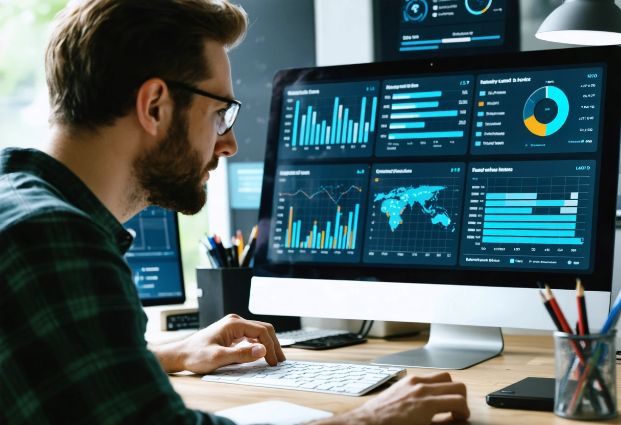 Business owner reviewing analytics and plugin updates on WordPress admin screen in modern office