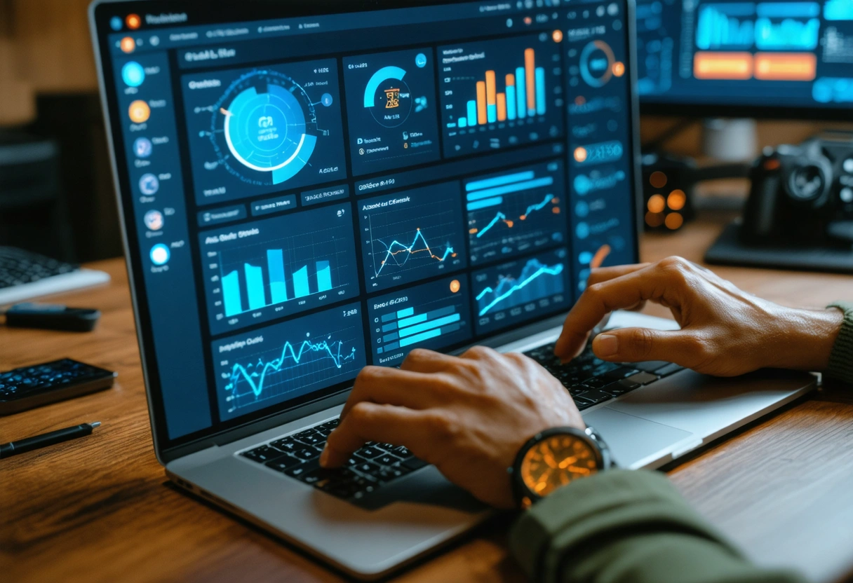 Hands on laptop monitoring brand mentions and alerts with notifications in cozy office