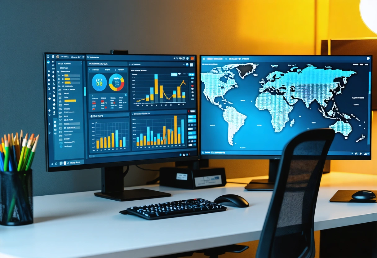 Developer analyzing WP Engine dashboard with performance analytics and security features on monitors