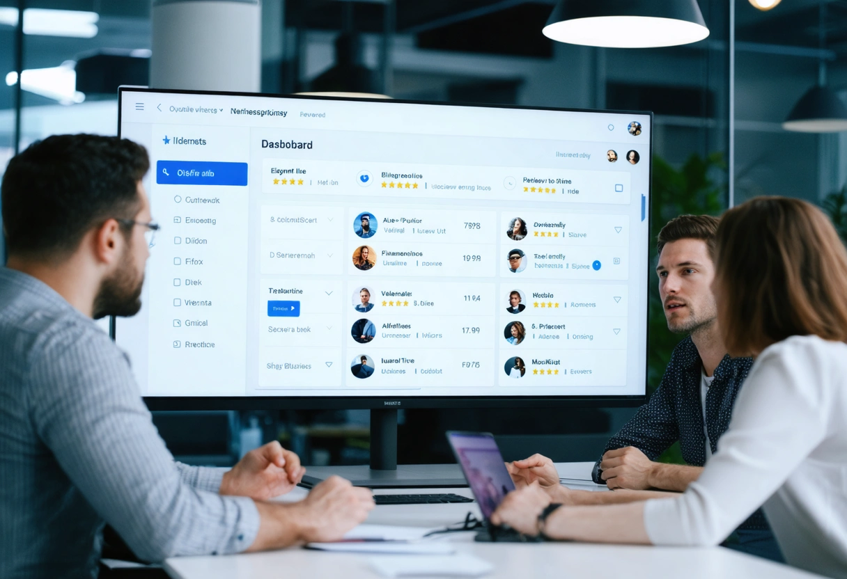 Business team reviewing digital dashboard of online threats and negative reviews in modern workspace
