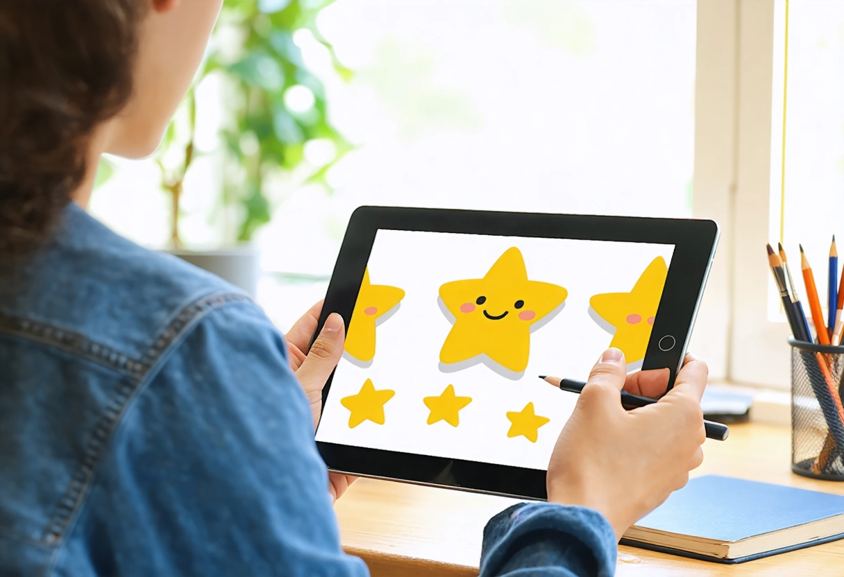 Business owner reading positive online reviews and five-star ratings on tablet in bright workspace