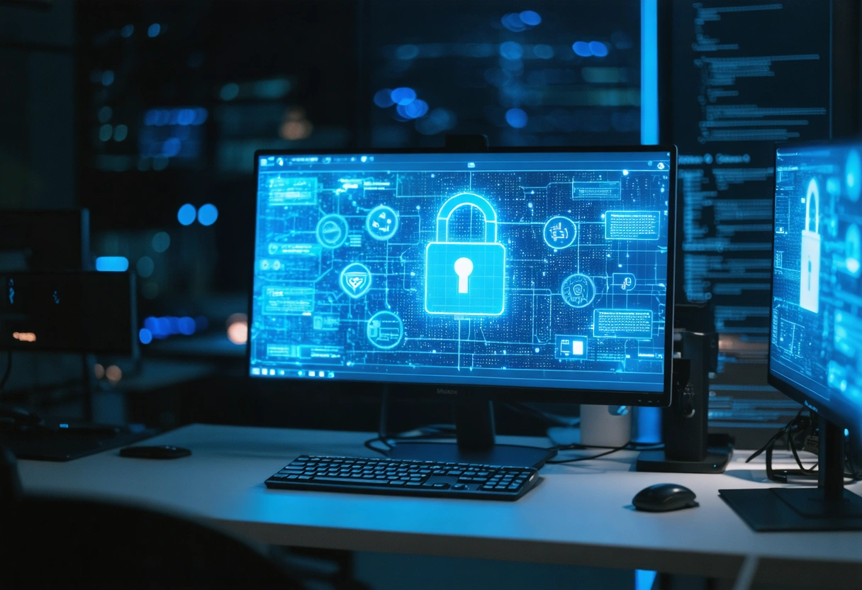 IT professional at computer with secure login screen, encryption icons, and audit trail interface.