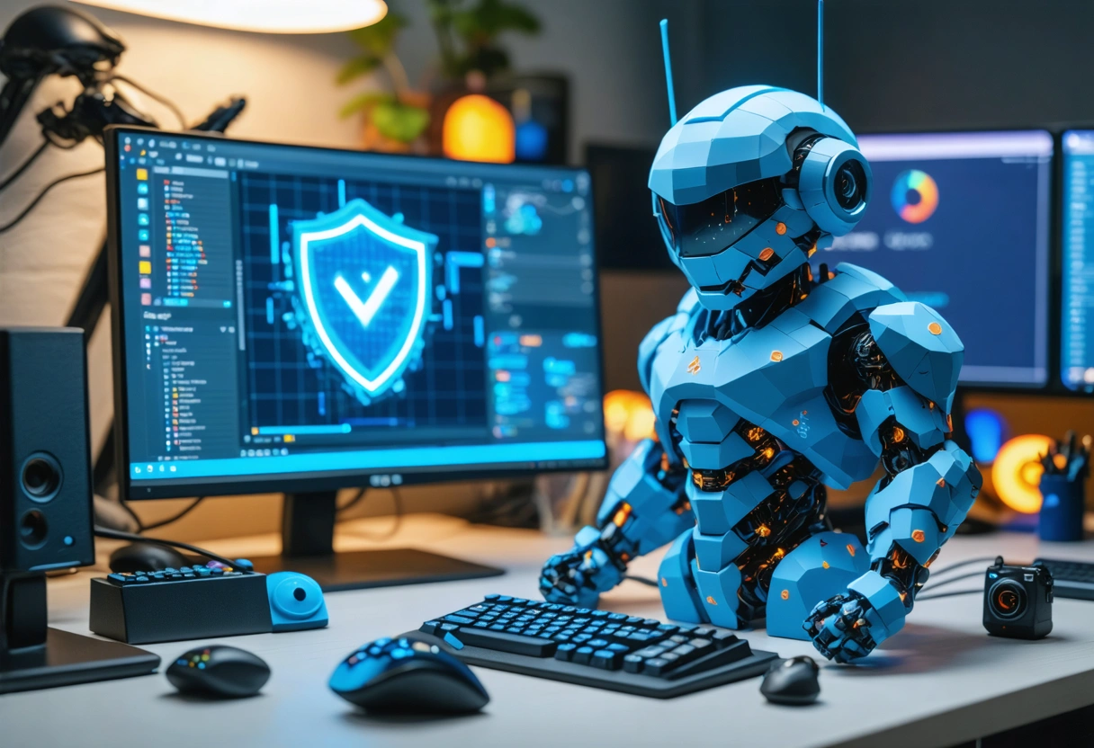 IT specialist monitoring cybersecurity dashboard with shield icon and warnings in secure office