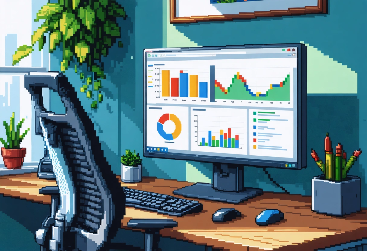 Marketing manager analyzing reputation analytics and feedback charts on desktop in collaborative office