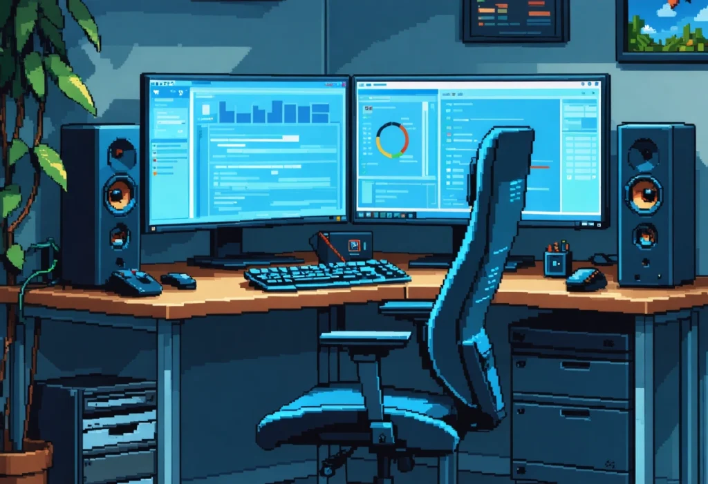 Web developer at desk with dual monitors showing custom dashboard and code, modern workspace.
