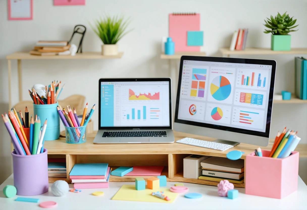 Professionals collaborating in modern office, digital screens show web hosting types and performance metrics