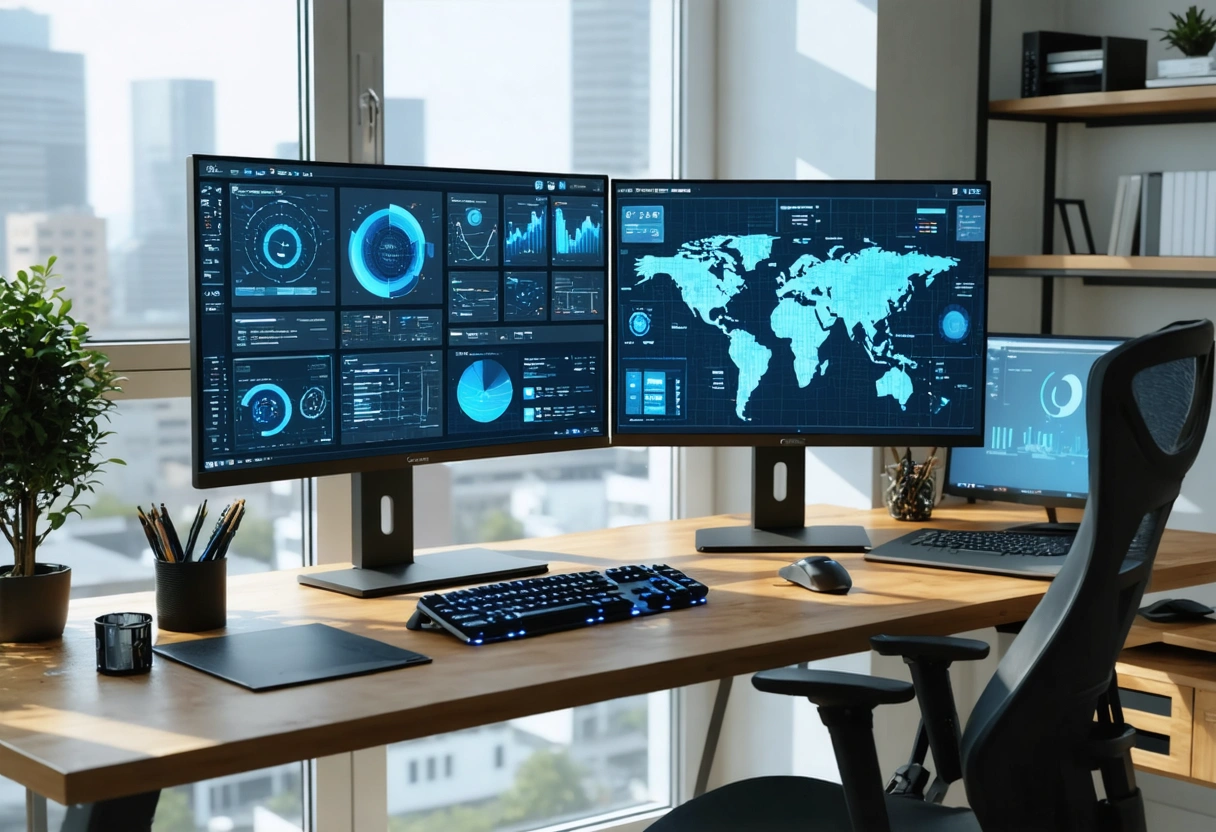 Developer integrating website and CRM on dual monitors in bright, organized office workspace.