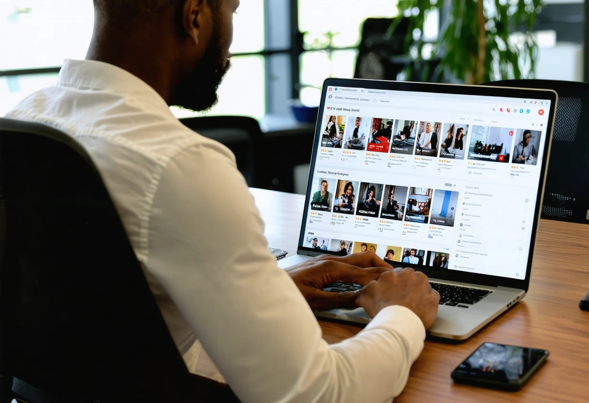 Business owner reviewing online reputation on laptop in modern office with natural light.