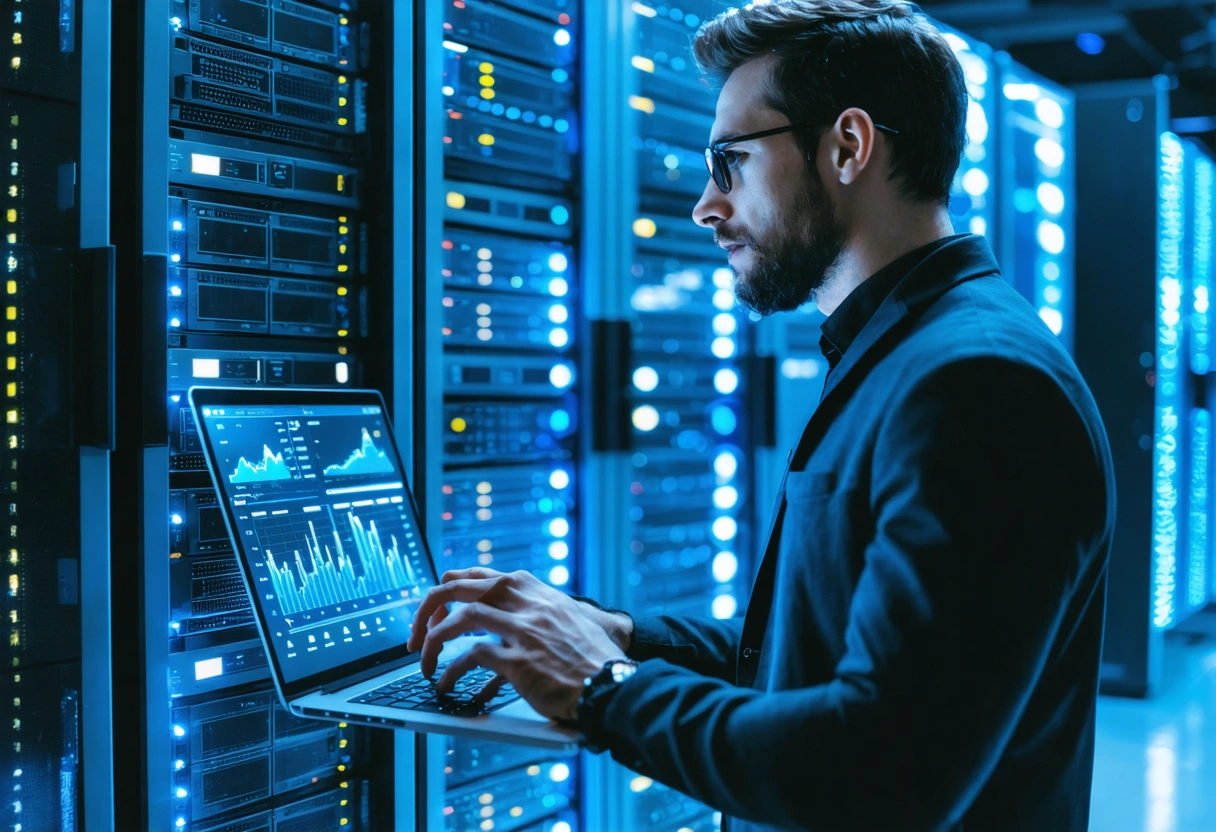 IT technician monitoring server racks with LED lights and uptime graphs on laptop