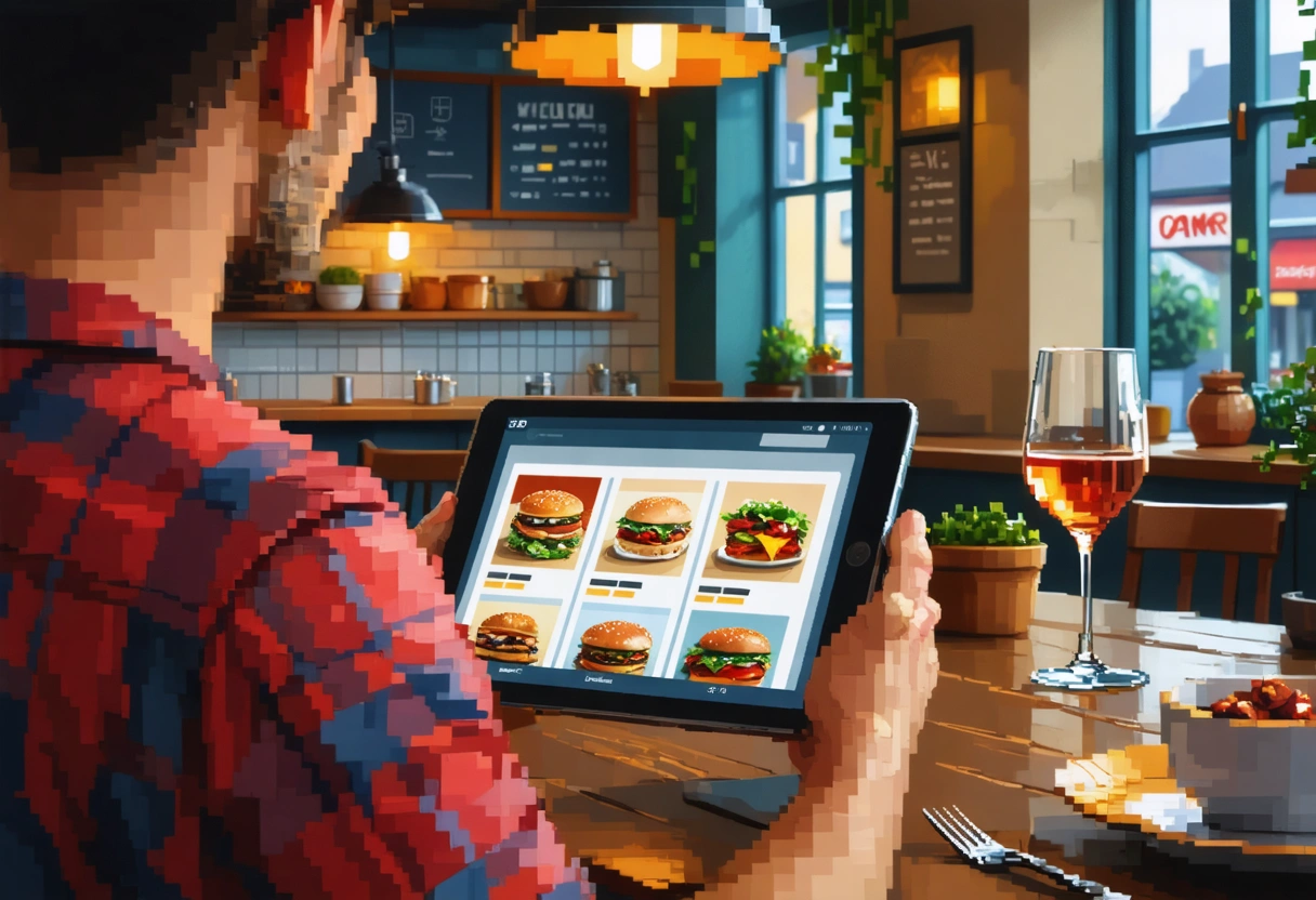 Restaurant owner viewing new online ordering page on tablet with WordPress and WooCommerce