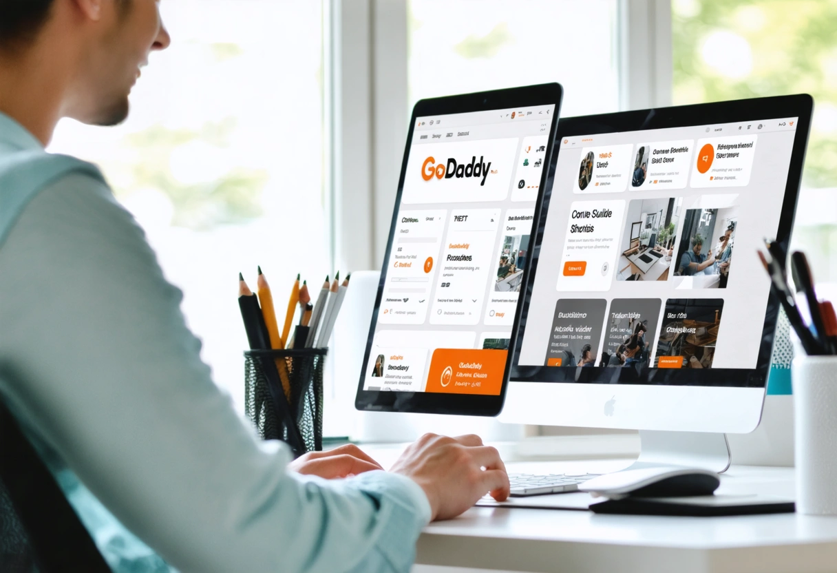 Small business owner using GoDaddy website builder and domain search in bright home office