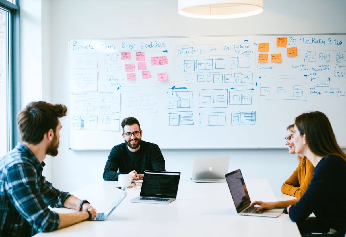 Team collaborating in a bright conference room with website goals and wireframes on whiteboard