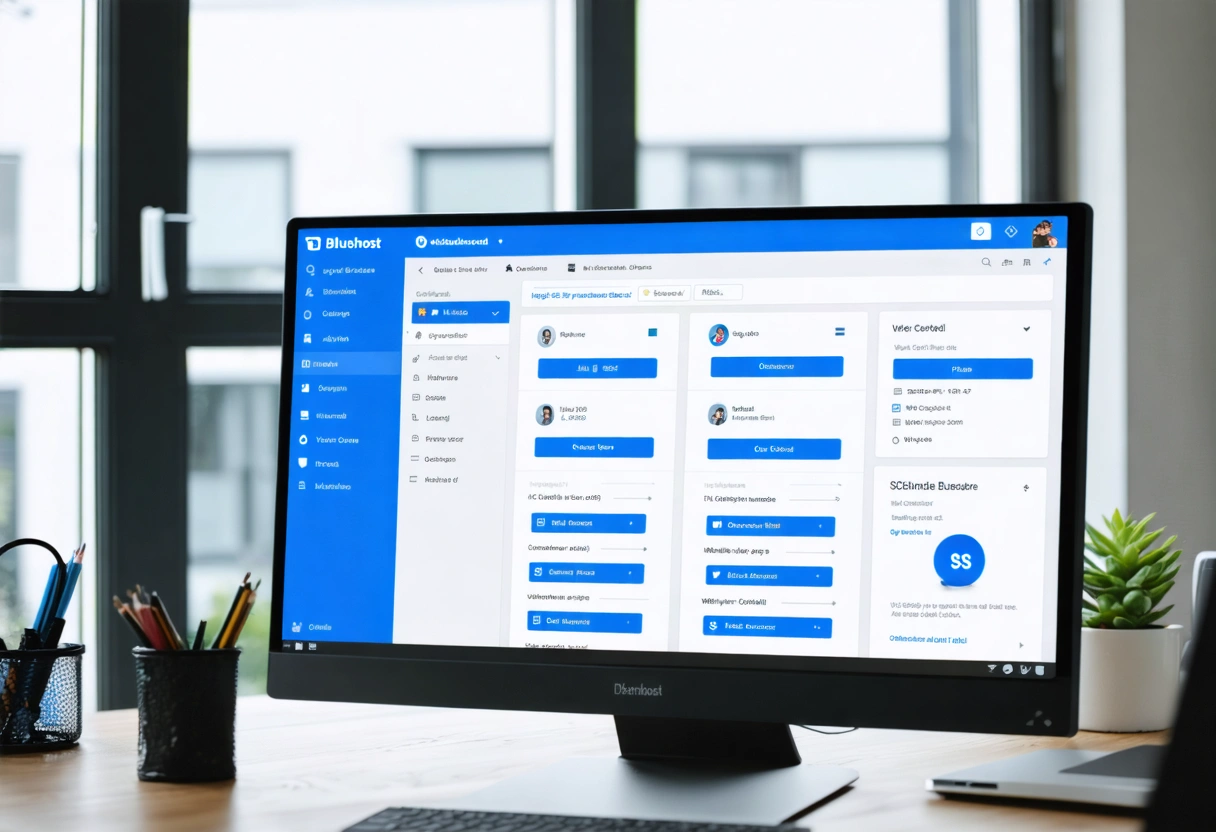 User viewing Bluehost dashboard with WordPress and SSL icons in clean workspace