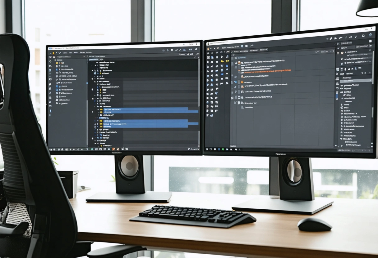 Web designer working at dual monitors with WordPress dashboard open in a tidy workspace