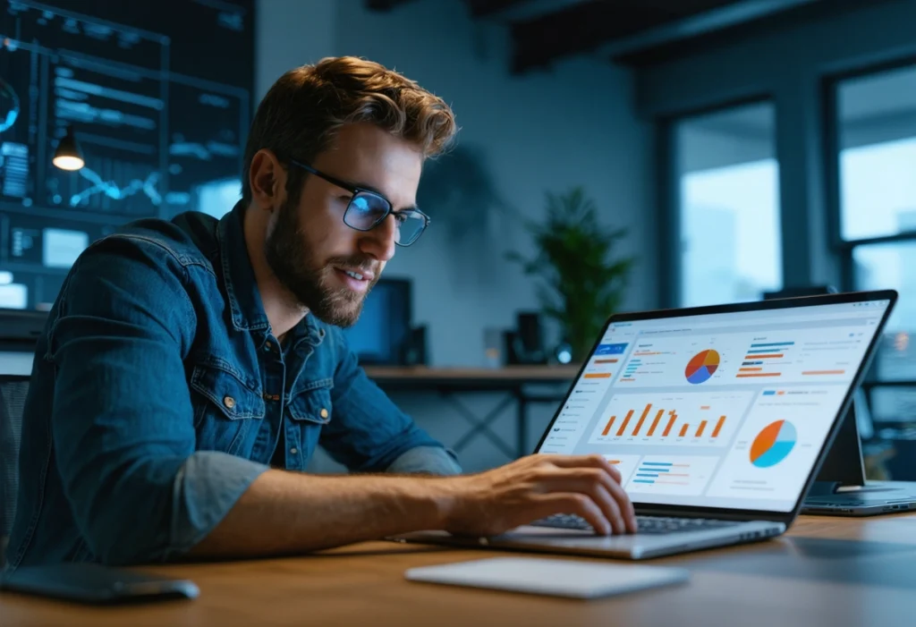 Business owner analyzing Facebook Ads analytics on laptop in modern office, daylight, focused expression.