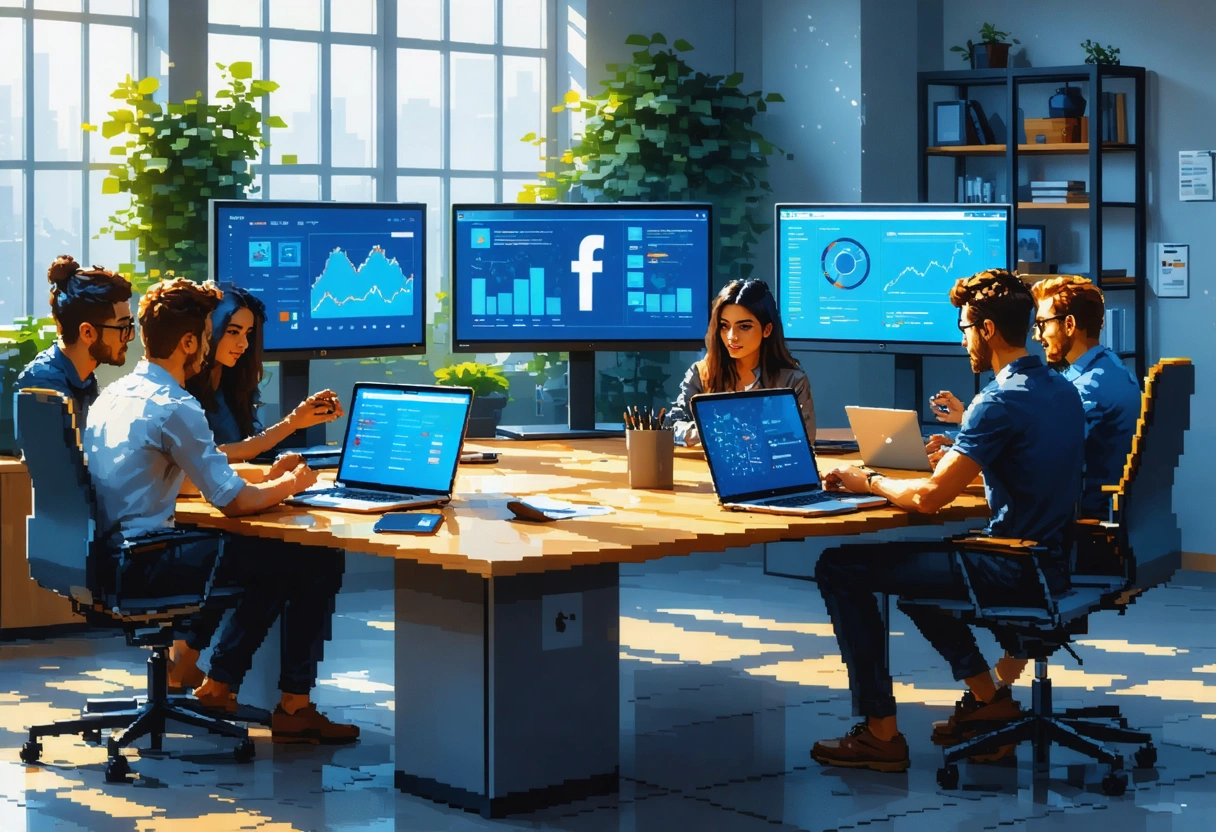 Marketing team collaborates at table with laptops displaying Facebook Ads targeting interface