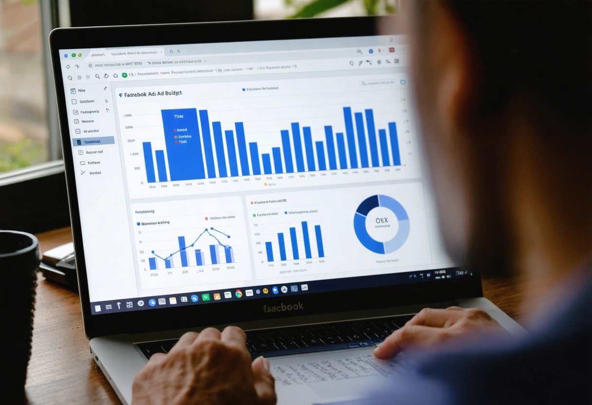 Advertiser examines Facebook Ads budget and bidding stats on laptop at tidy desk