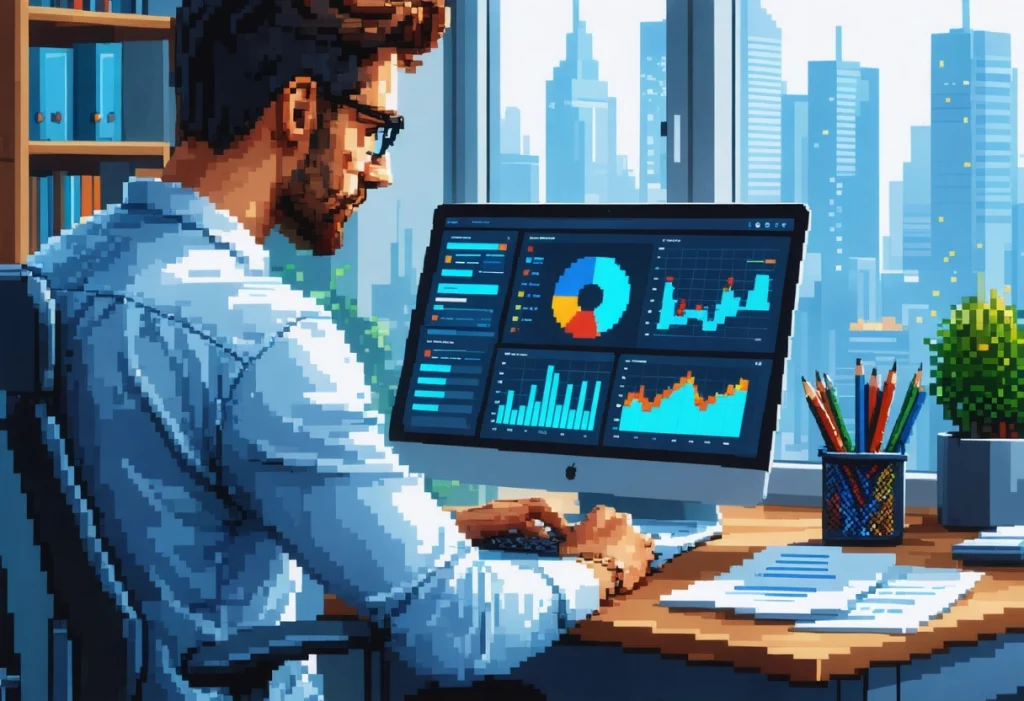 Professional analyzing SEO dashboard on laptop at modern desk with strategy notes and charts.