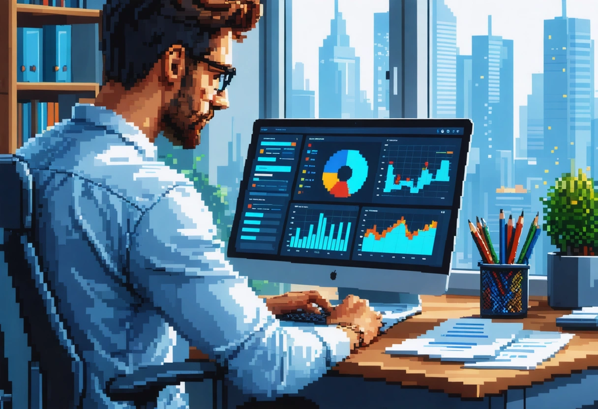 Professional analyzing SEO dashboard on laptop at modern desk with strategy notes and charts.